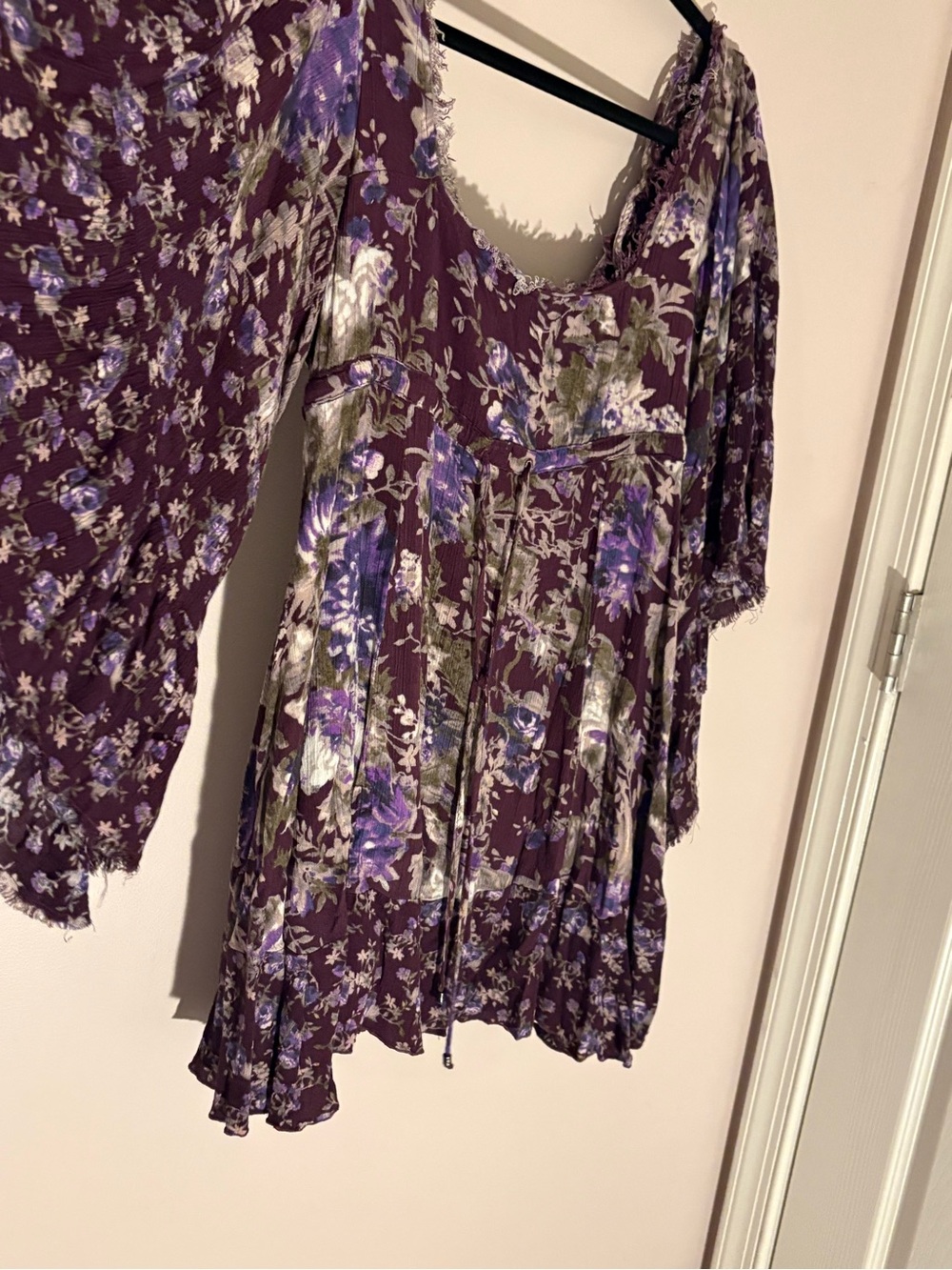 Free People Heart of Gold Purple Floral Bell Sleeve Boho Mini Dress Size S - Picture 3 of 6